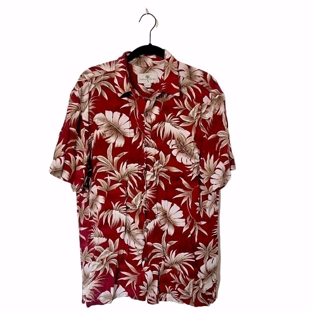 VINTAGE ISLAND SHORES HAWAIIAN TROPICAL PALM PRINT SURF SHIRT SILK MENS …